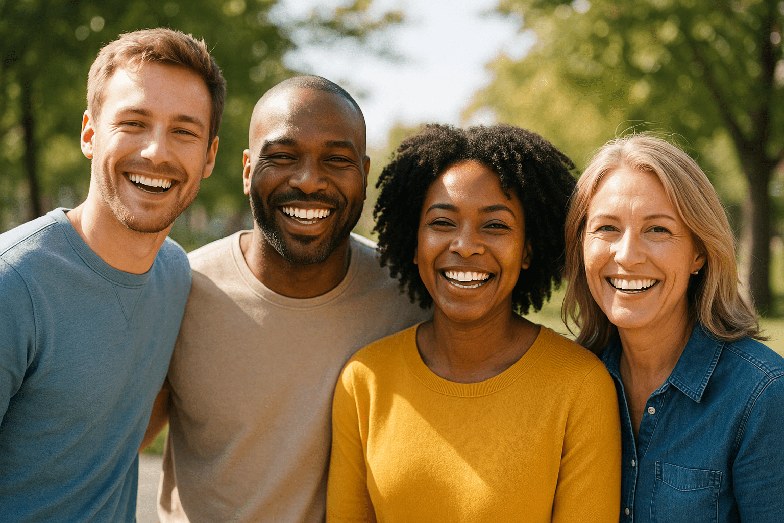 Group of smiling adults standing together outdoors.